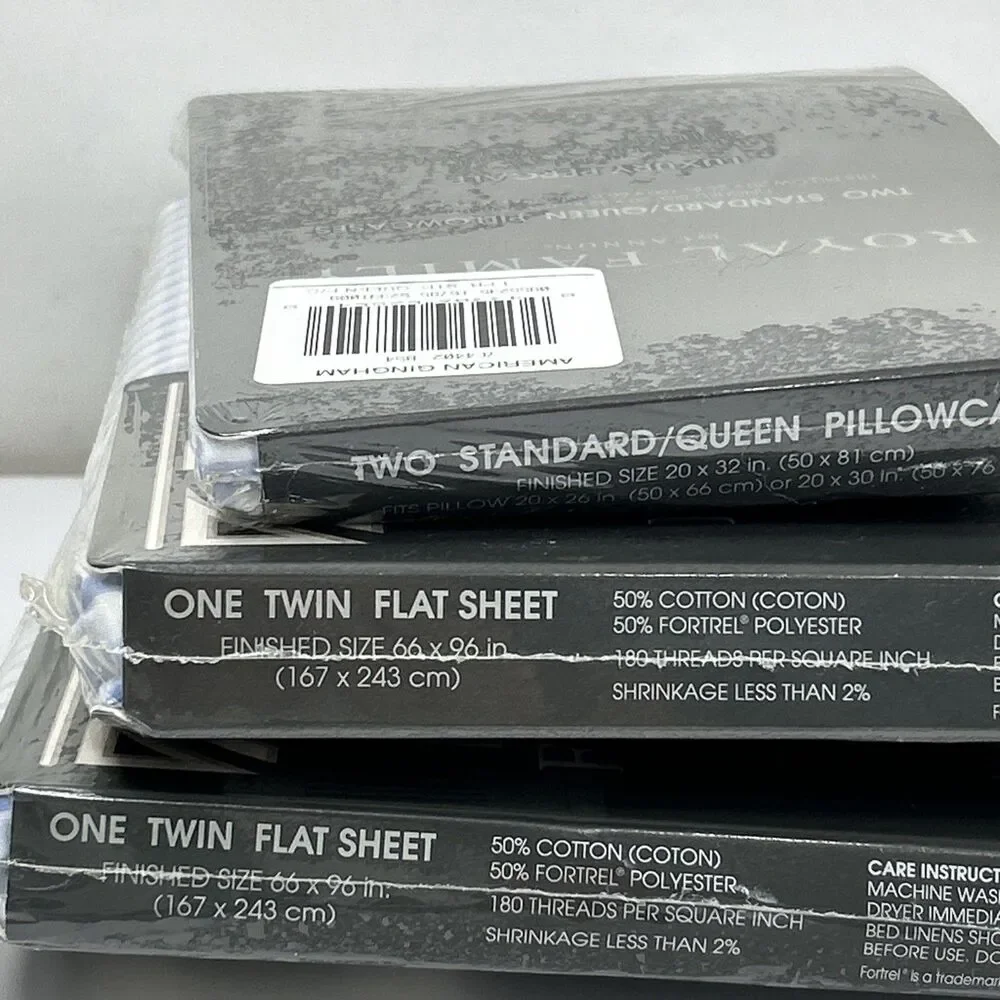Vtg Royal Family Cannon 2 Twin Flat Sheet 2 Queen Pillowcase Blue Gingham NOS